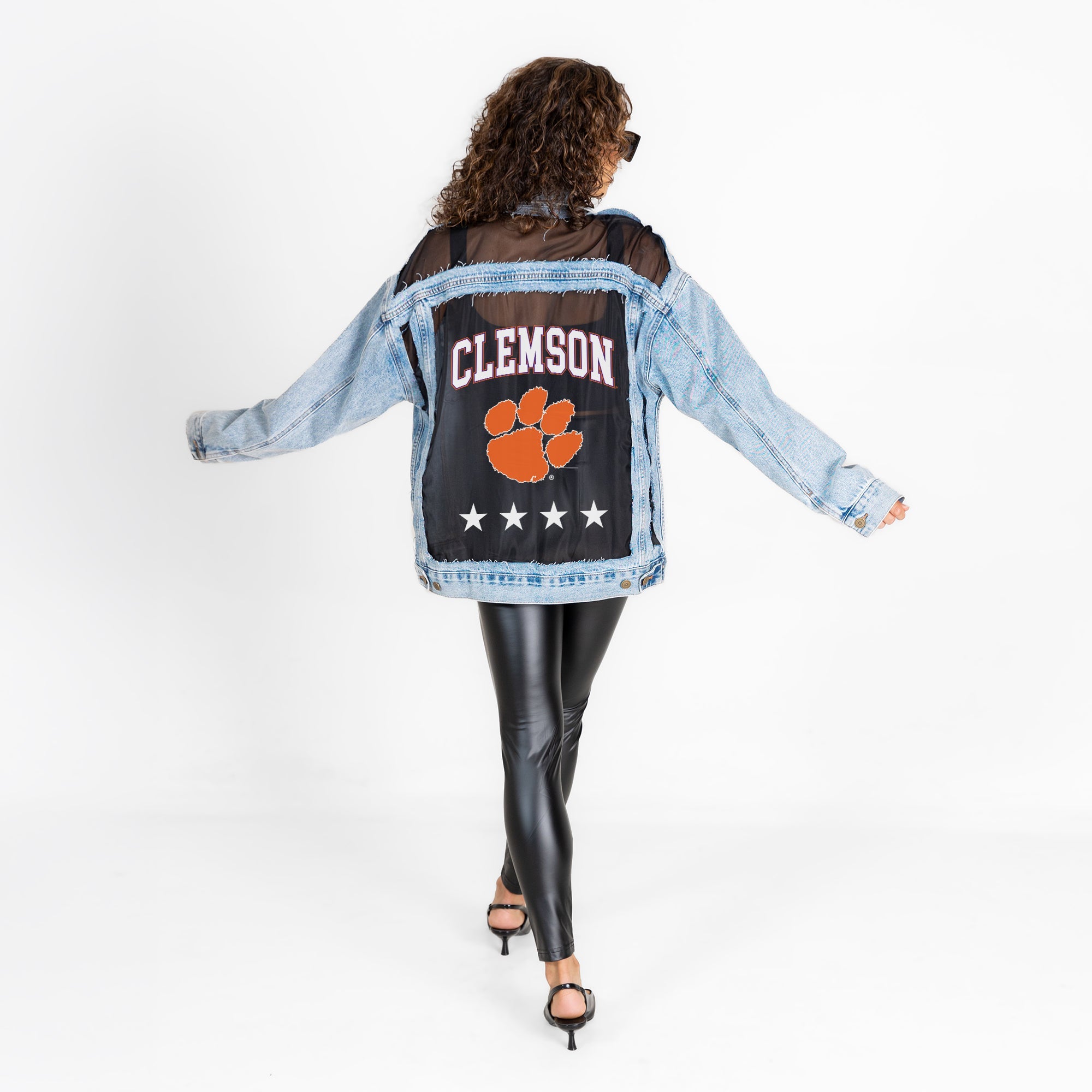 CLEMSON TIGERS RULE BREAKER DISTRESSED MESH DENIM JACKET