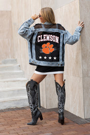 CLEMSON TIGERS RULE BREAKER DISTRESSED MESH DENIM JACKET