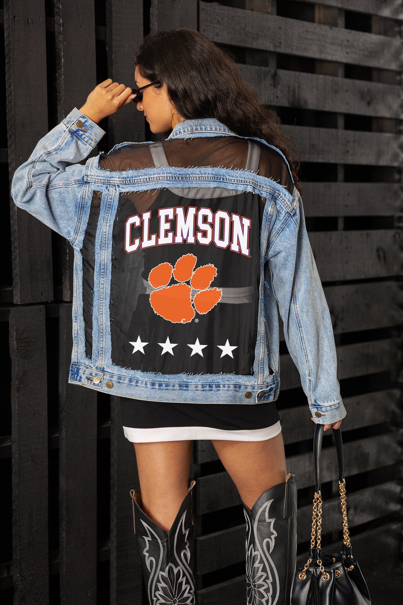 CLEMSON TIGERS RULE BREAKER DISTRESSED MESH DENIM JACKET