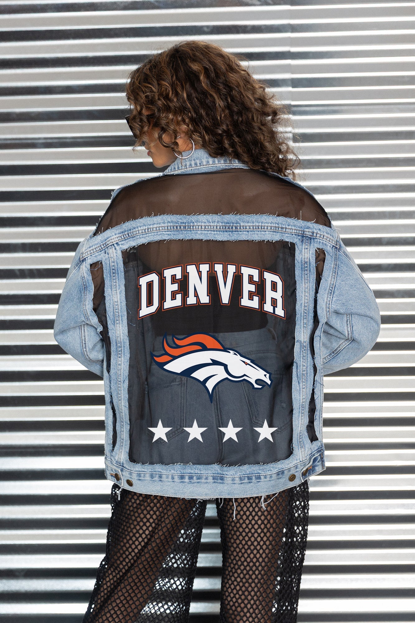 DENVER BRONCOS RULE BREAKER DISTRESSED MESH DENIM JACKET