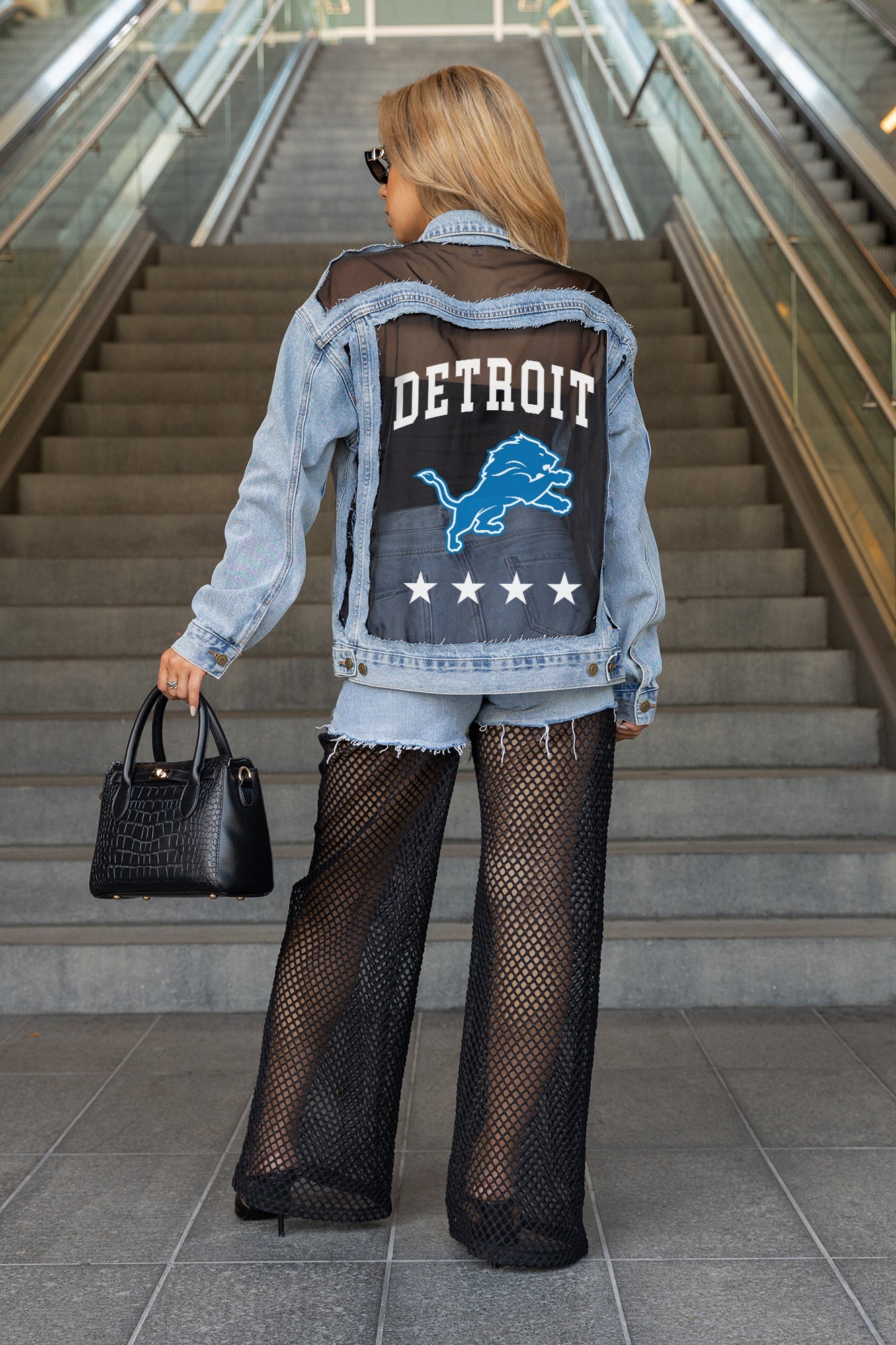 DETROIT LIONS RULE BREAKER DISTRESSED MESH DENIM JACKET