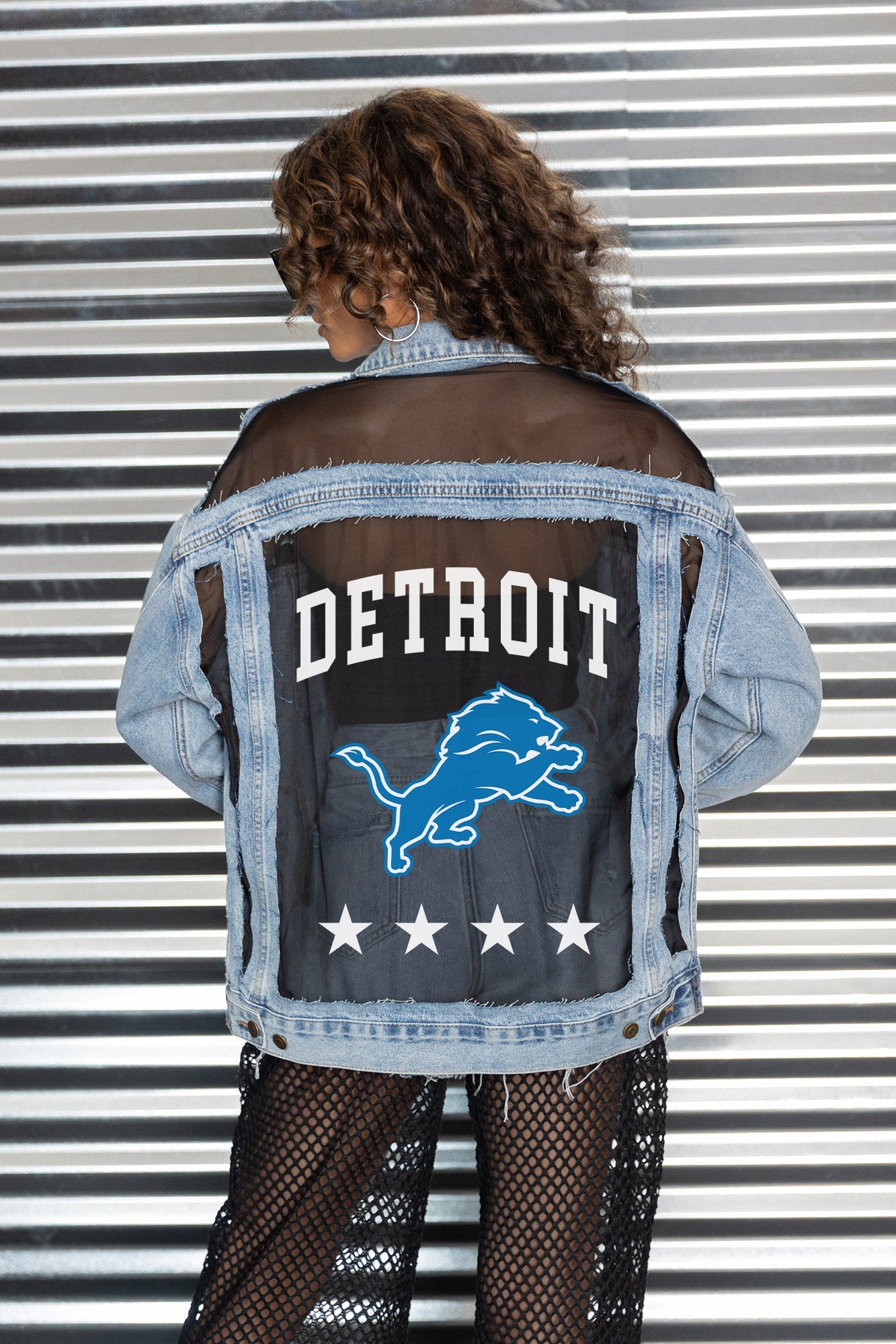 DETROIT LIONS RULE BREAKER DISTRESSED MESH DENIM JACKET