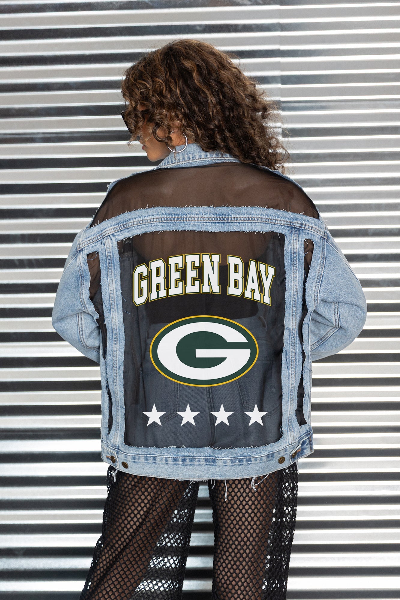 GREEN BAY PACKERS RULE BREAKER DISTRESSED MESH DENIM JACKET