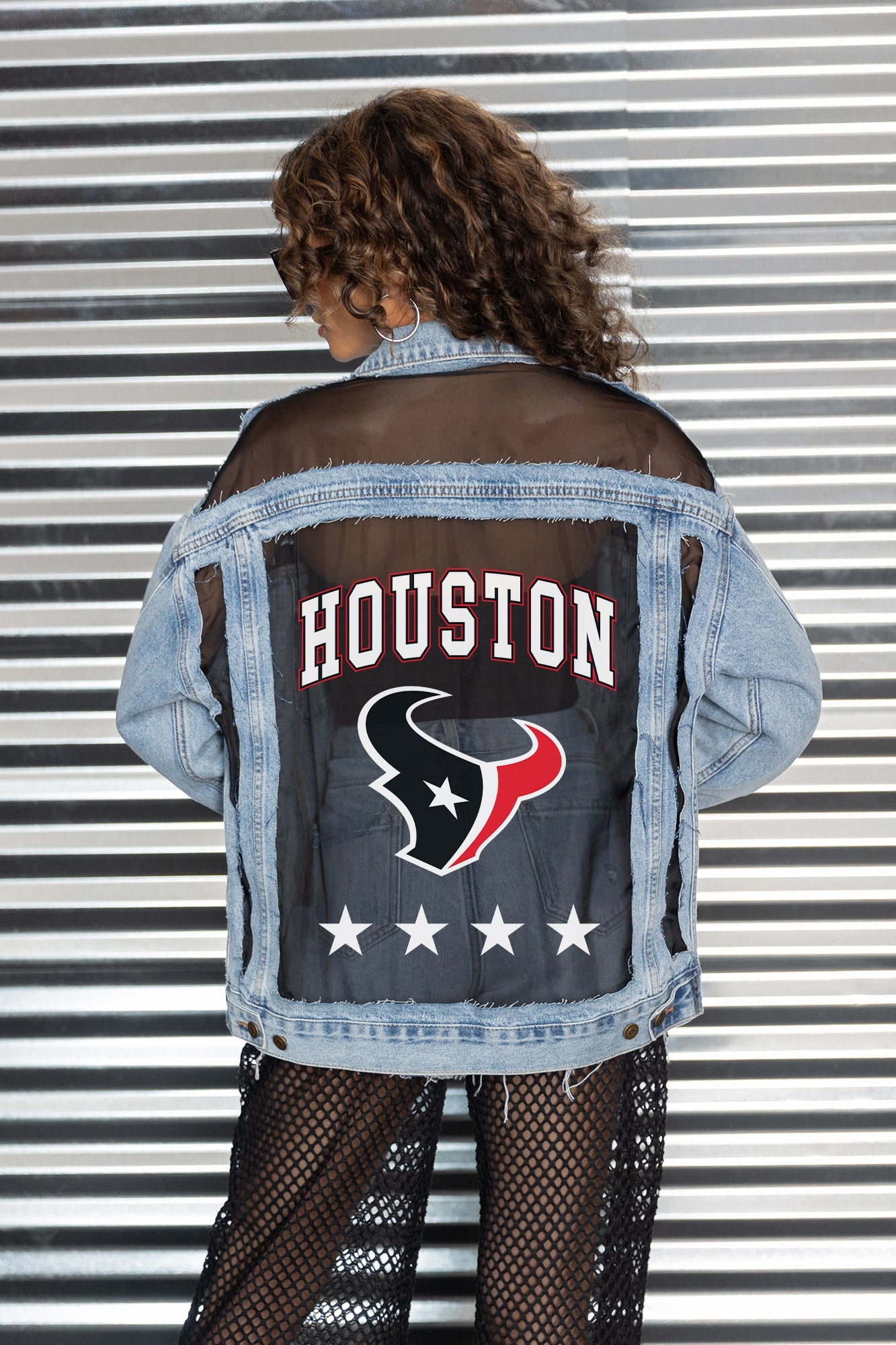 HOUSTON TEXANS RULE BREAKER DISTRESSED MESH DENIM JACKET