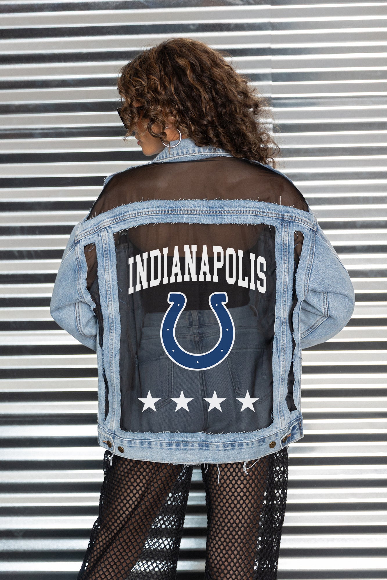 INDIANAPOLIS COLTS RULE BREAKER DISTRESSED MESH DENIM JACKET