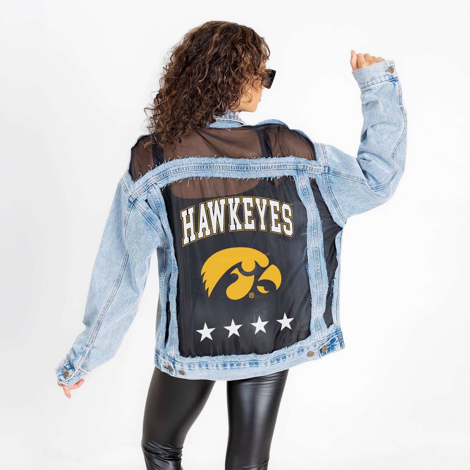 IOWA HAWKEYES RULE BREAKER DISTRESSED MESH DENIM JACKET