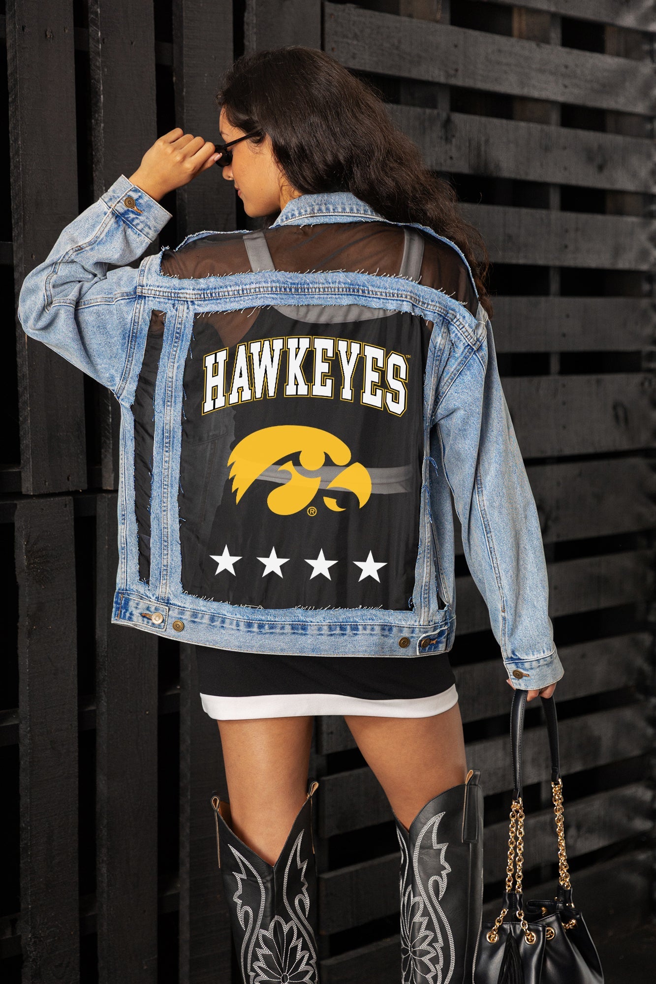 IOWA HAWKEYES RULE BREAKER DISTRESSED MESH DENIM JACKET