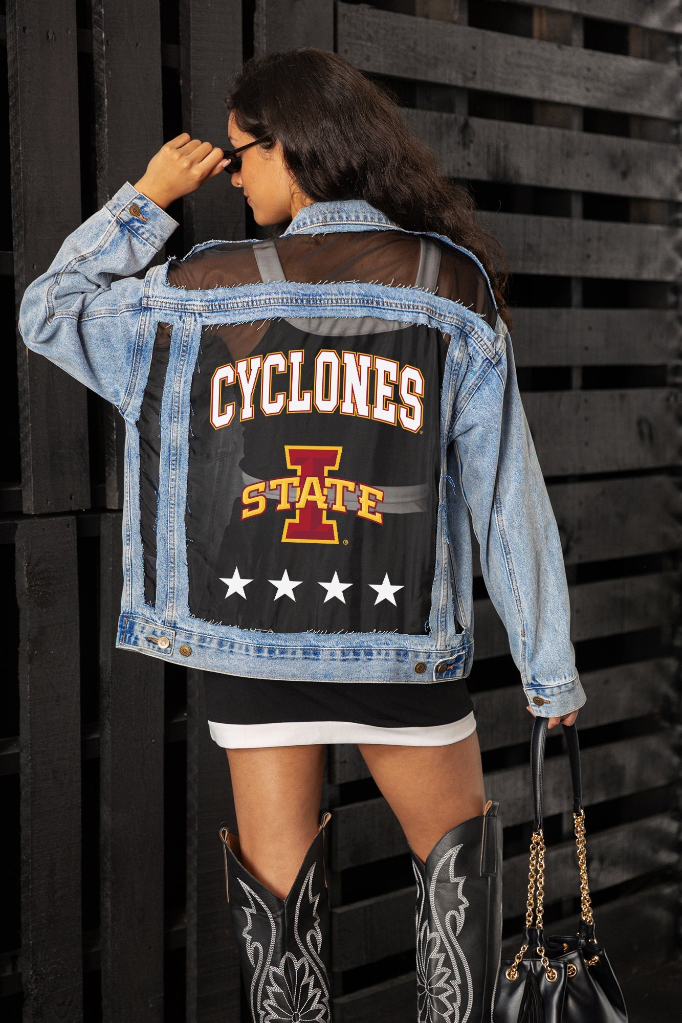IOWA STATE CYCLONES RULE BREAKER DISTRESSED MESH DENIM JACKET