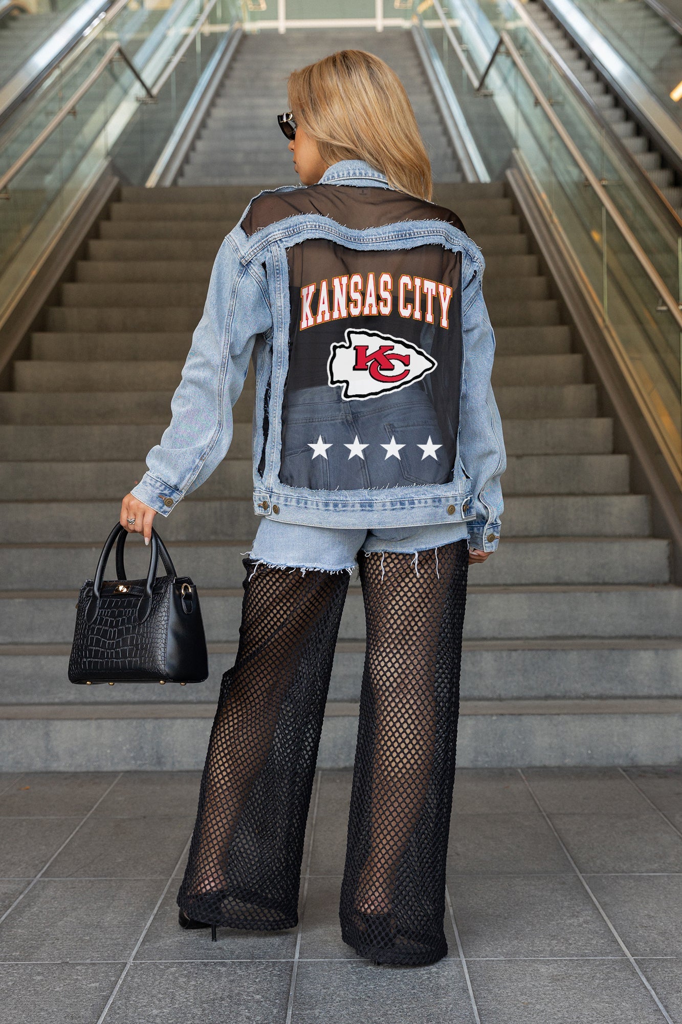 KANSAS CITY CHIEFS RULE BREAKER DISTRESSED MESH DENIM JACKET
