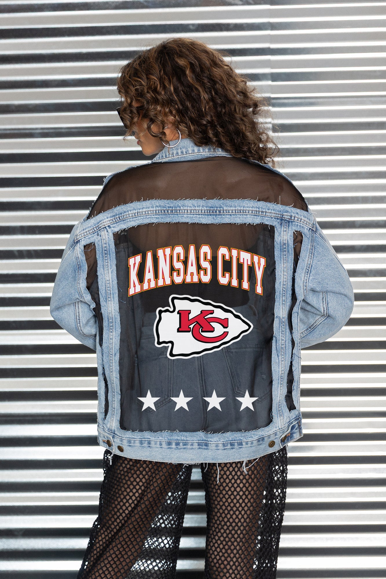 KANSAS CITY CHIEFS RULE BREAKER DISTRESSED MESH DENIM JACKET