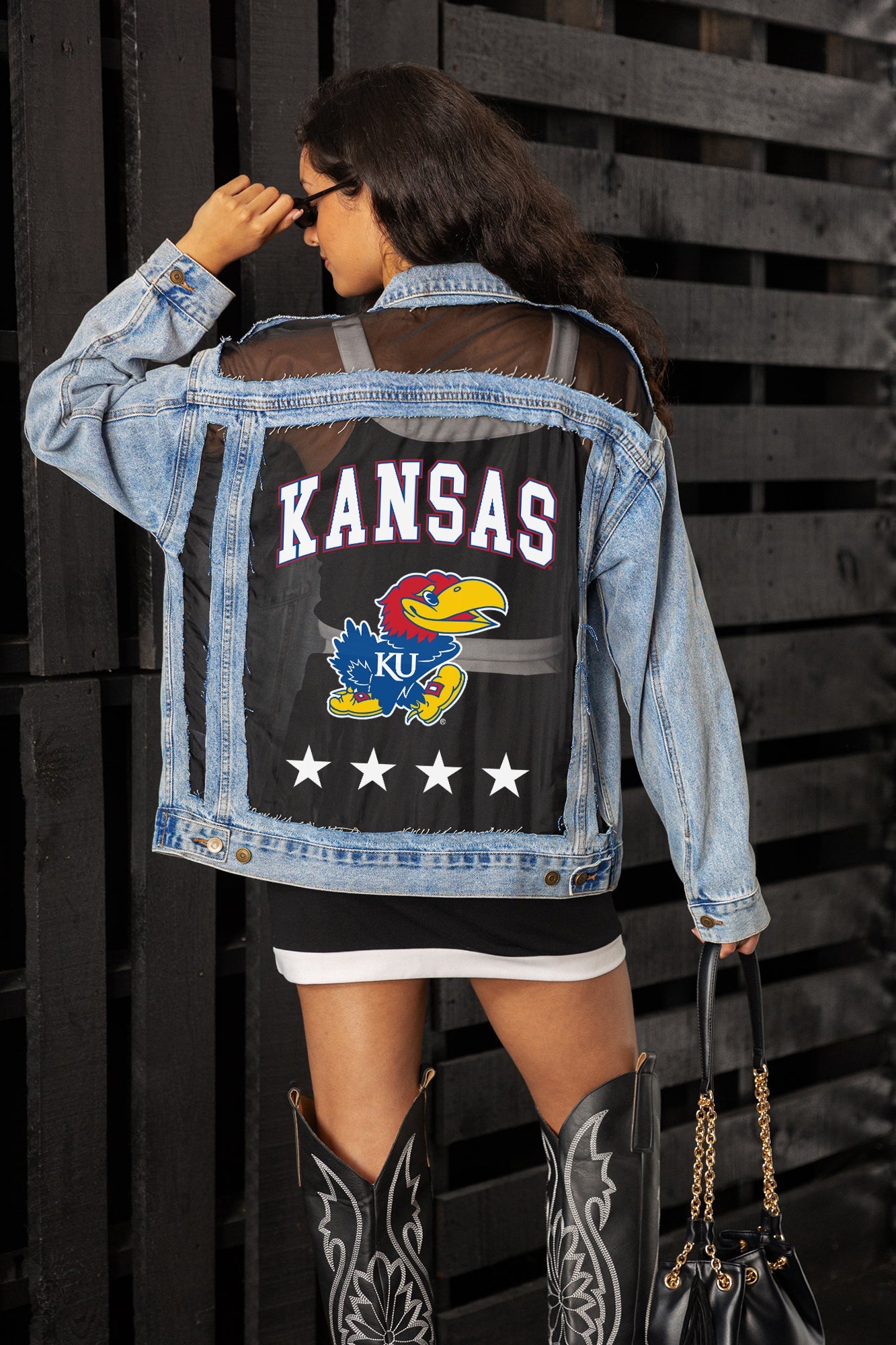 KANSAS JAYHAWKS RULE BREAKER DISTRESSED MESH DENIM JACKET
