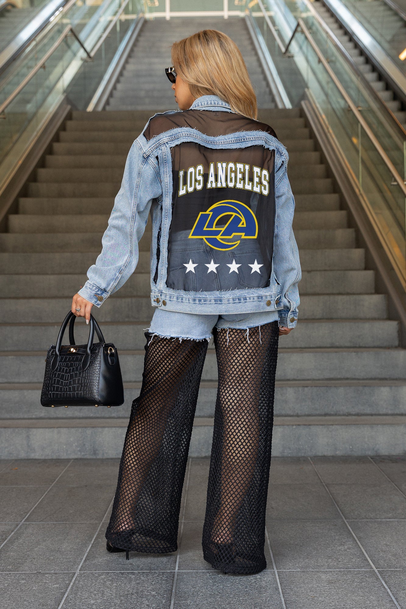 LOS ANGELES RAMS RULE BREAKER DISTRESSED MESH DENIM JACKET