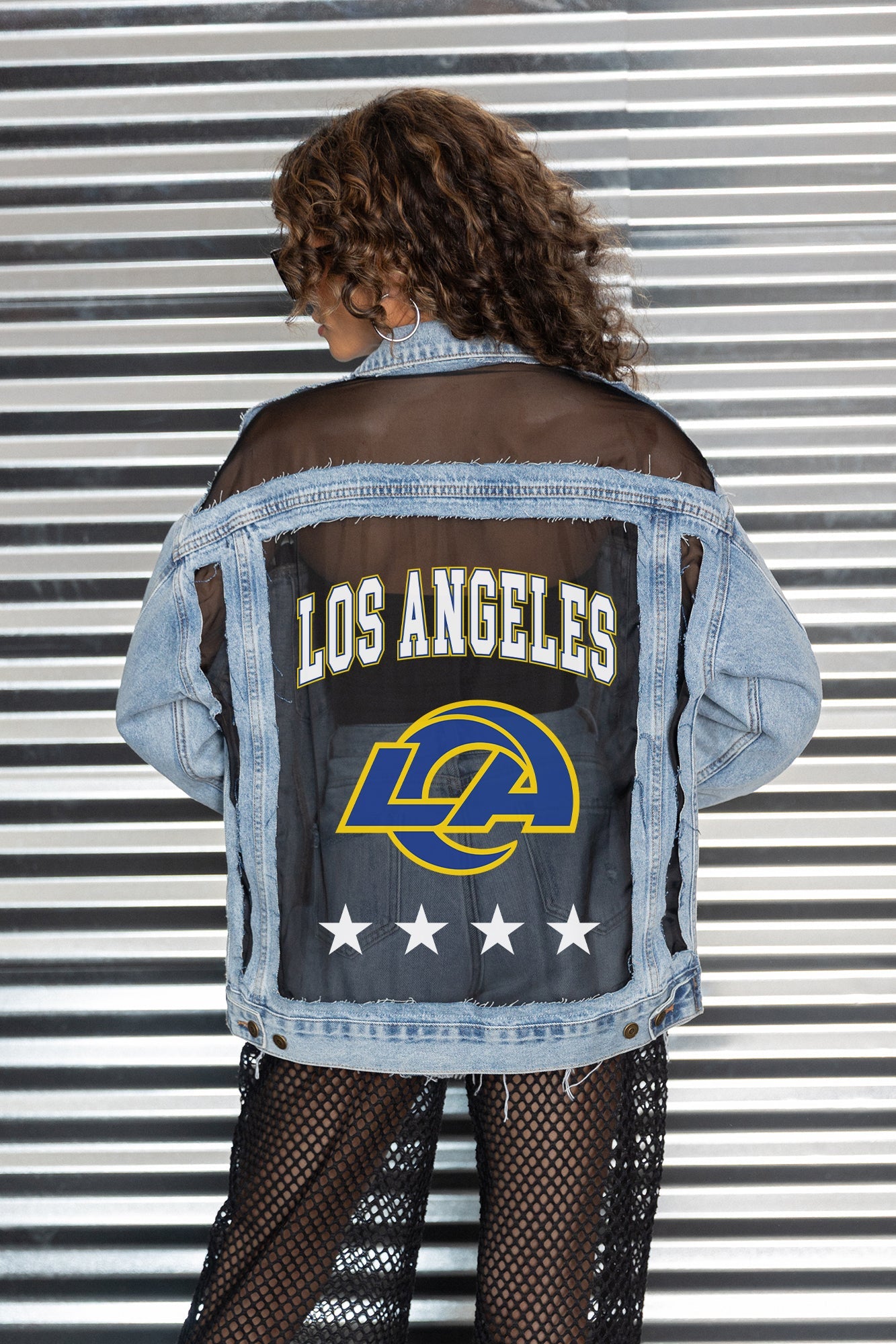 LOS ANGELES RAMS RULE BREAKER DISTRESSED MESH DENIM JACKET
