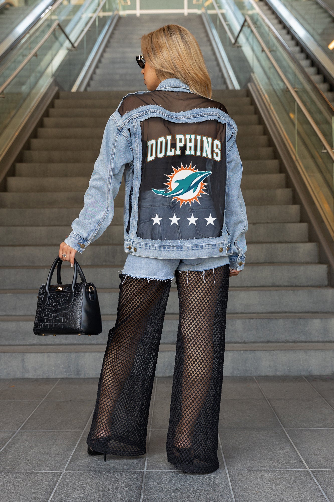 MIAMI DOLPHINS RULE BREAKER DISTRESSED MESH DENIM JACKET