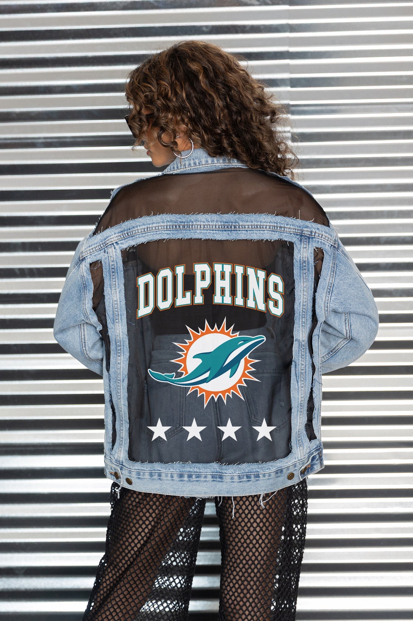 MIAMI DOLPHINS RULE BREAKER DISTRESSED MESH DENIM JACKET