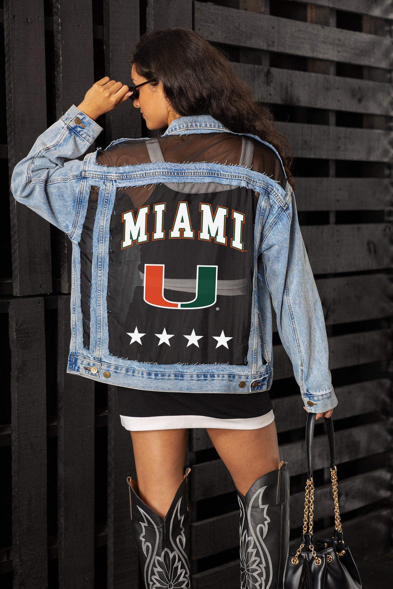 MIAMI HURRICANES RULE BREAKER DISTRESSED MESH DENIM JACKET