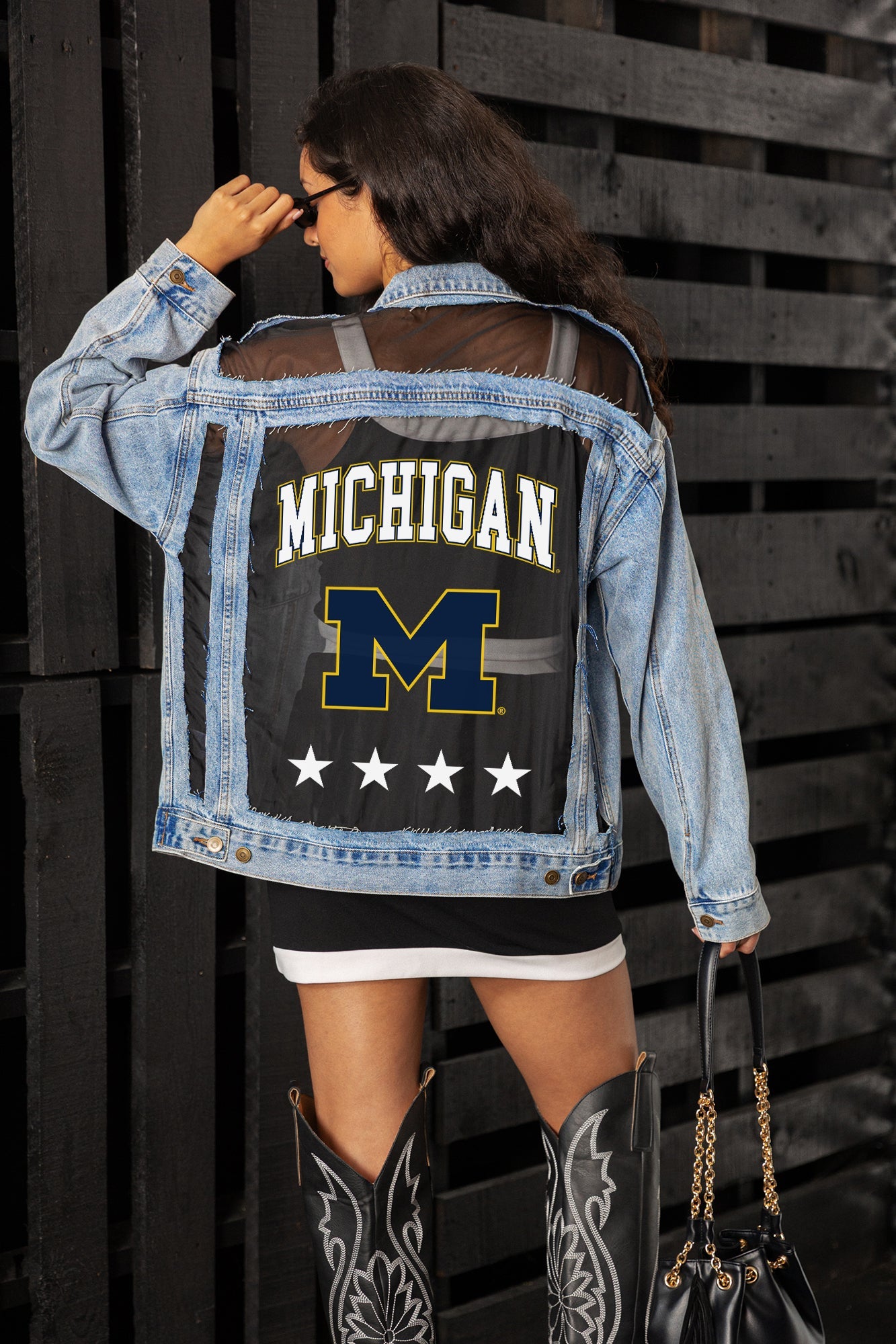 MICHIGAN WOLVERINES RULE BREAKER DISTRESSED MESH DENIM JACKET