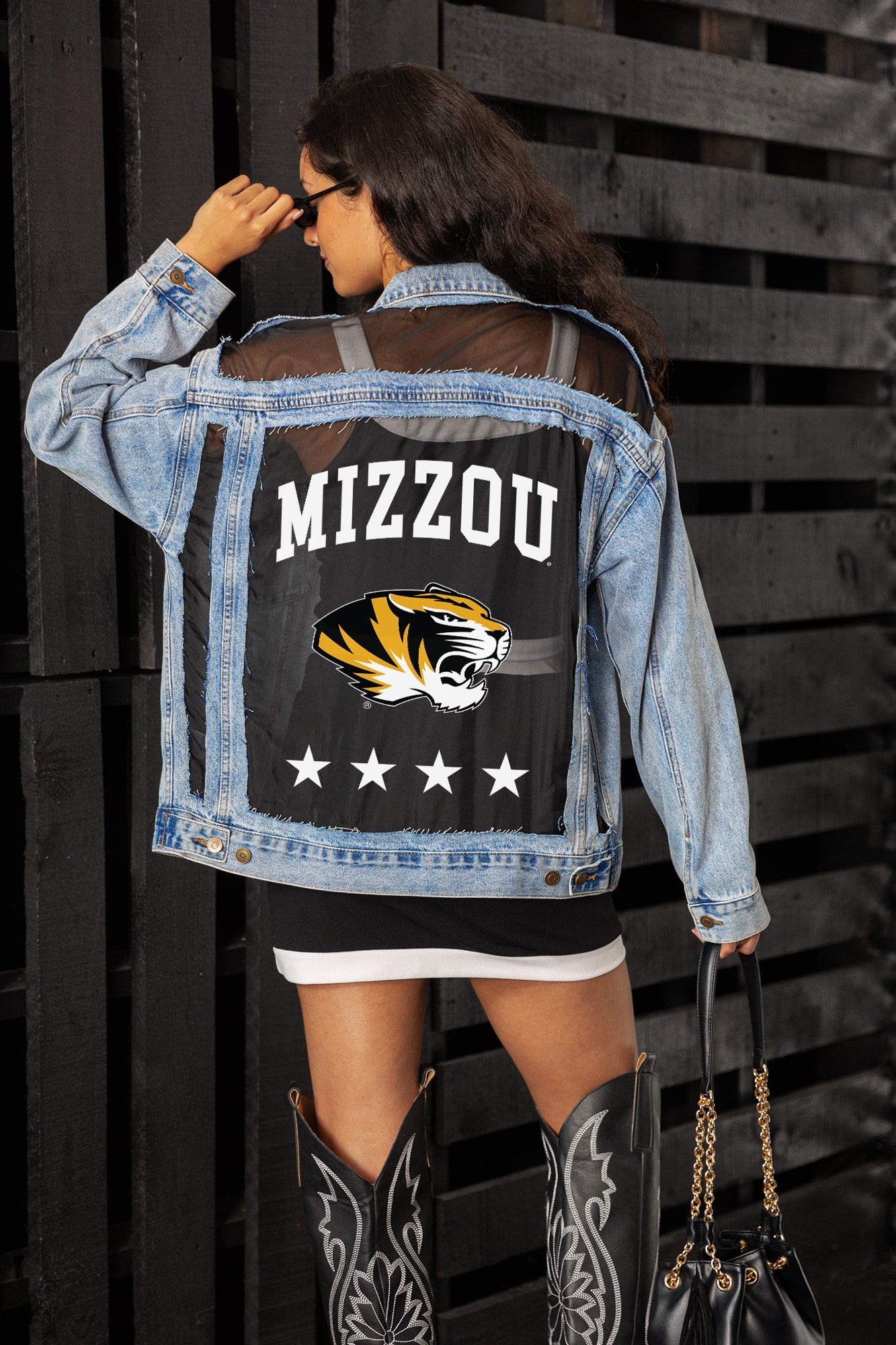 MISSOURI TIGERS RULE BREAKER DISTRESSED MESH DENIM JACKET