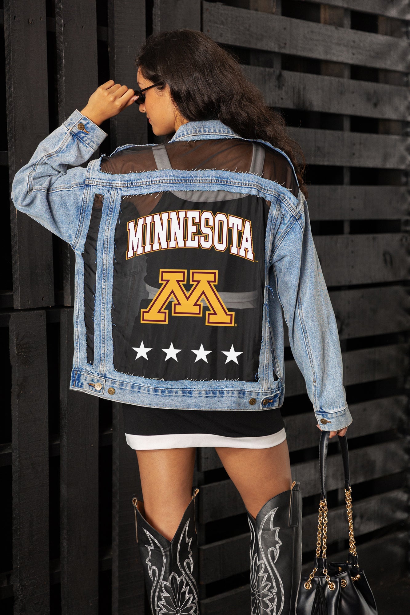 MINNESOTA GOLDEN GOPHERS RULE BREAKER DISTRESSED MESH DENIM JACKET