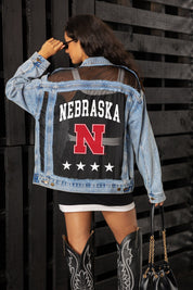 NEBRASKA CORNHUSKERS RULE BREAKER DISTRESSED MESH DENIM JACKET