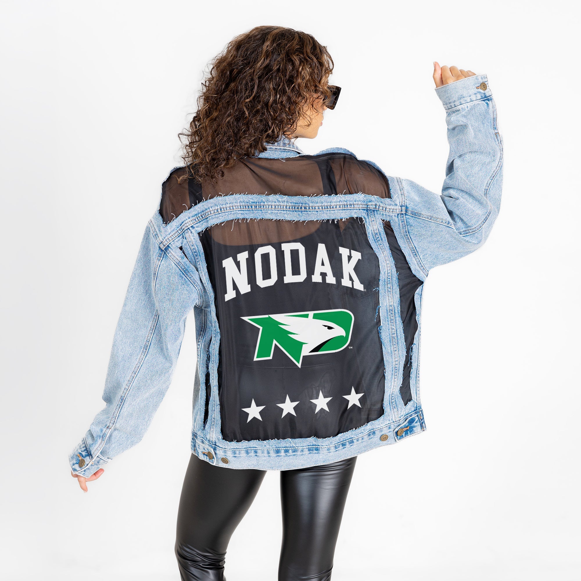 NORTH DAKOTA FIGHTING HAWKS RULE BREAKER DISTRESSED MESH DENIM JACKET