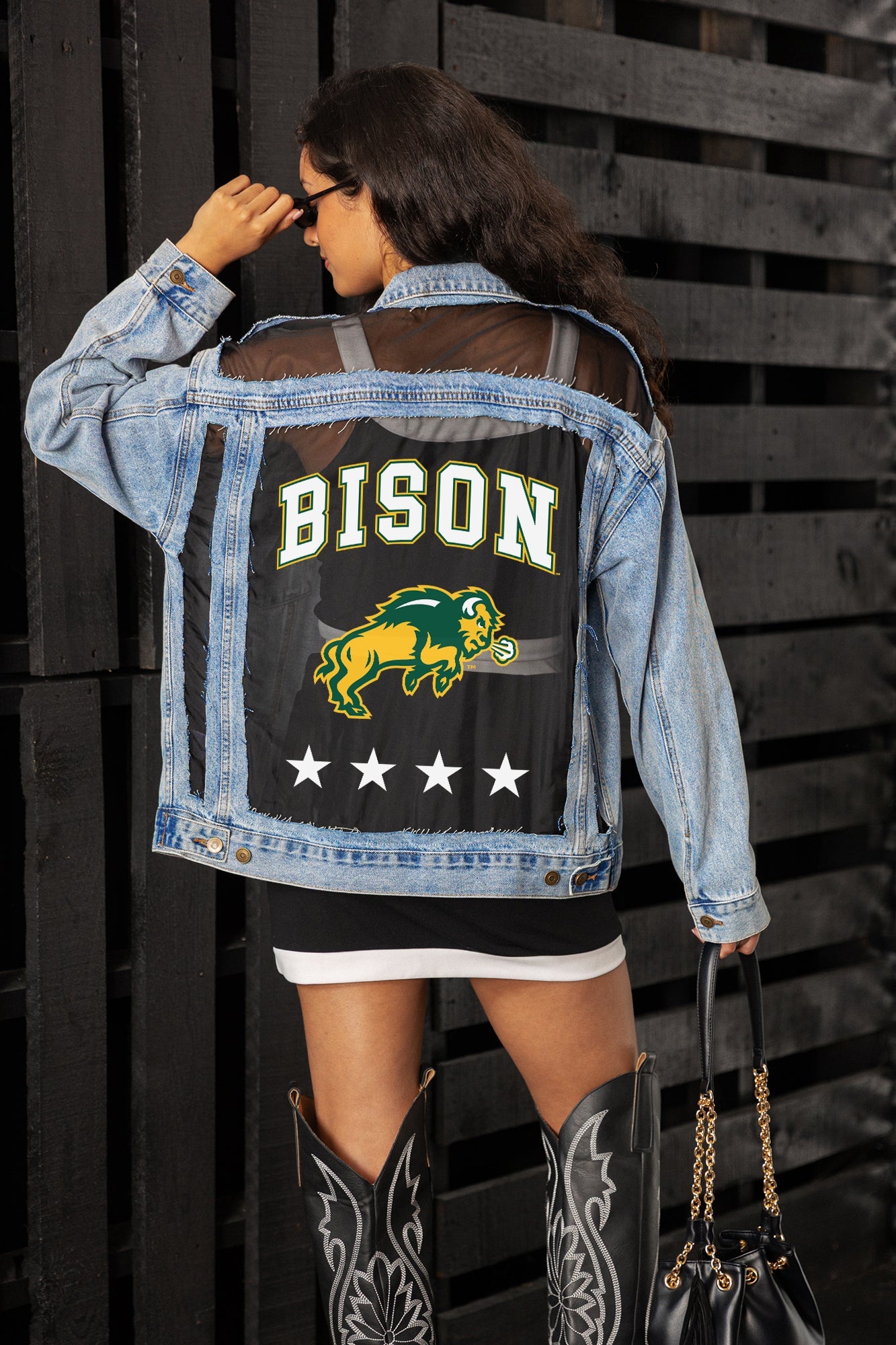 NORTH DAKOTA STATE BISON RULE BREAKER DISTRESSED MESH DENIM JACKET