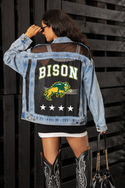NORTH DAKOTA STATE BISON RULE BREAKER DISTRESSED MESH DENIM JACKET