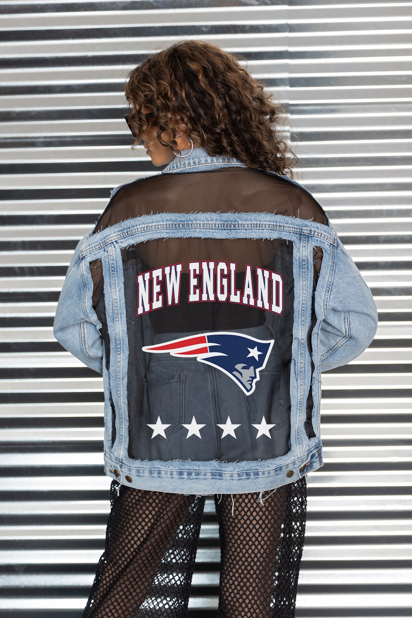 NEW ENGLAND PATRIOTS RULE BREAKER DISTRESSED MESH DENIM JACKET