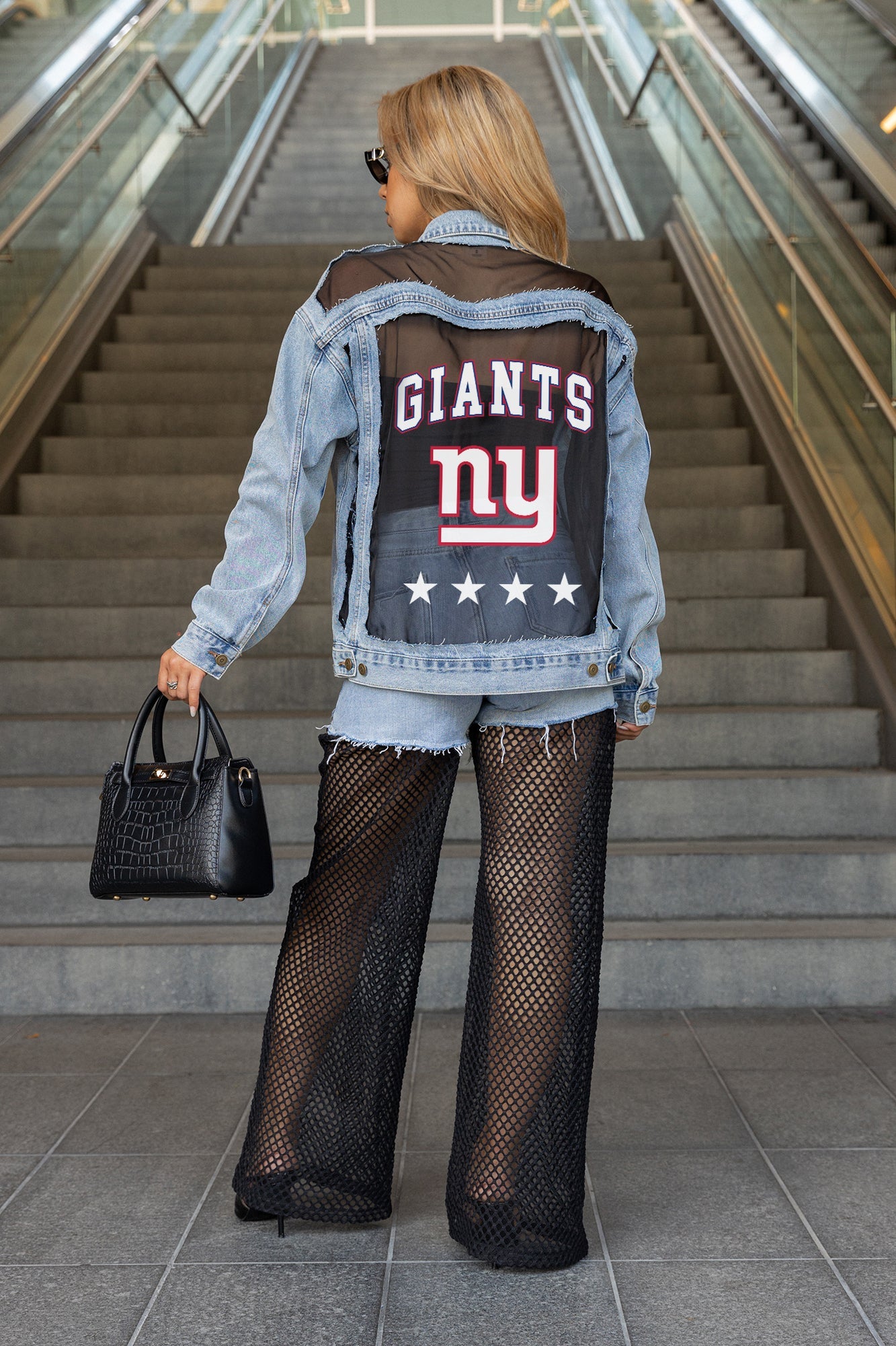 NEW YORK GIANTS RULE BREAKER DISTRESSED MESH DENIM JACKET