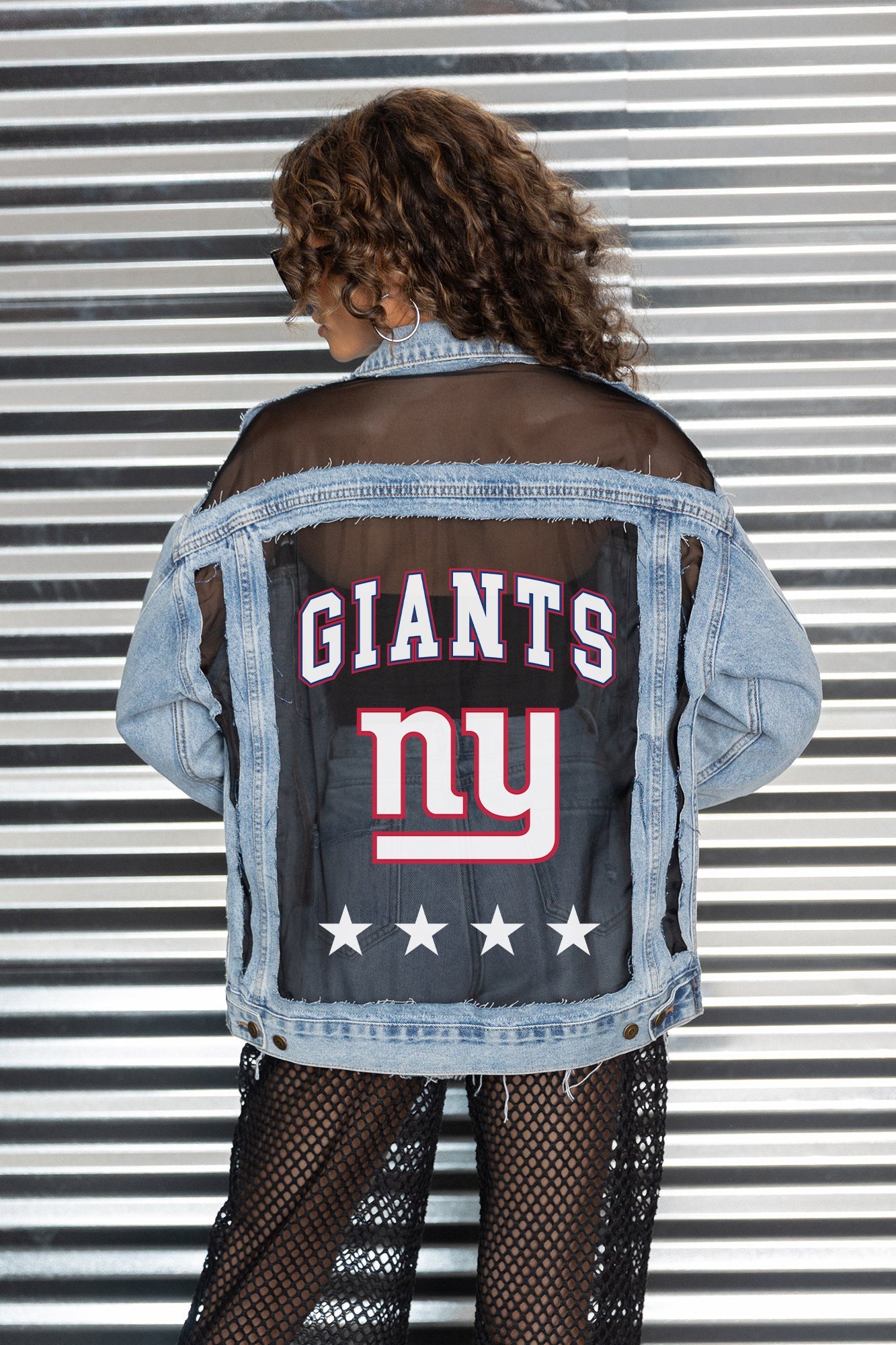 NEW YORK GIANTS RULE BREAKER DISTRESSED MESH DENIM JACKET