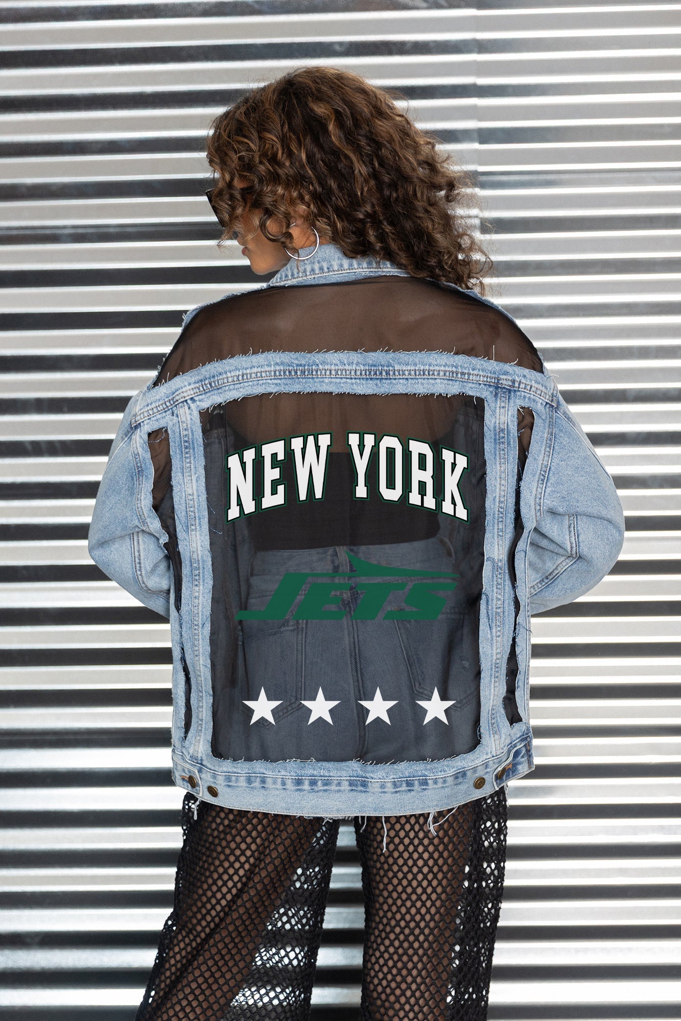 NEW YORK JETS RULE BREAKER DISTRESSED MESH DENIM JACKET