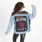 OKLAHOMA SOONERS RULE BREAKER DISTRESSED MESH DENIM JACKET