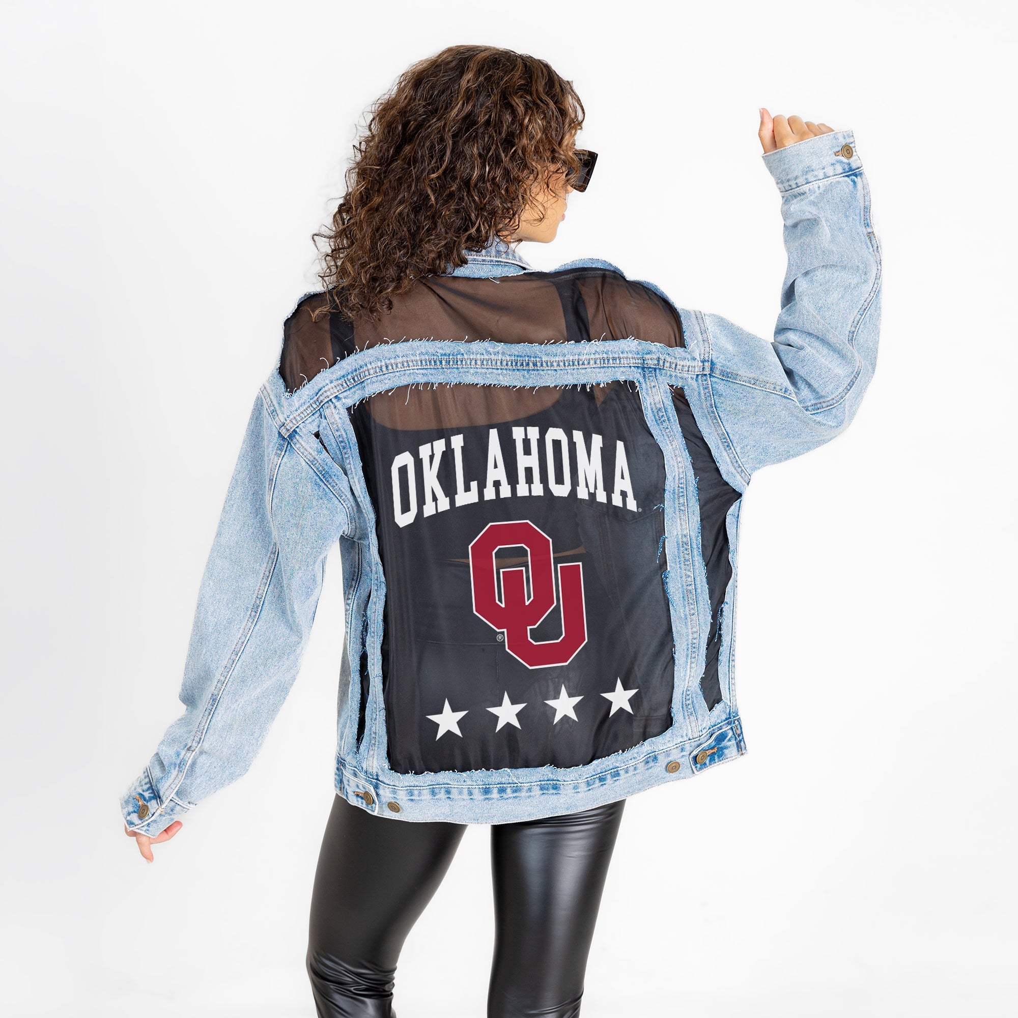 OKLAHOMA SOONERS RULE BREAKER DISTRESSED MESH DENIM JACKET