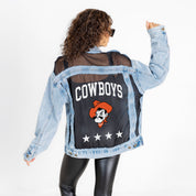 OKLAHOMA STATE COWBOYS RULE BREAKER DISTRESSED MESH DENIM JACKET