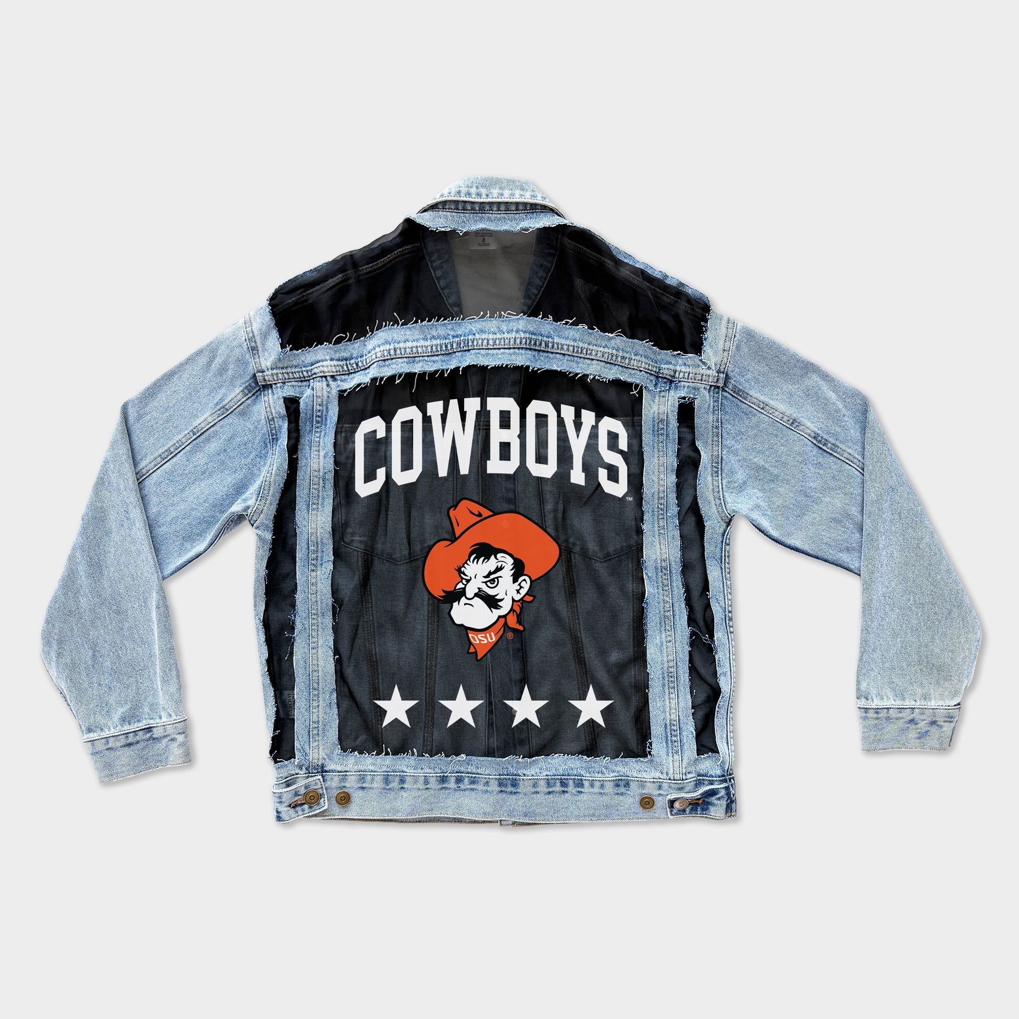 OKLAHOMA STATE COWBOYS RULE BREAKER DISTRESSED MESH DENIM JACKET