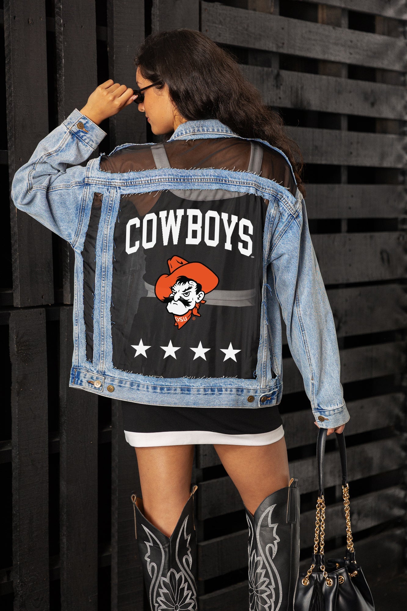 OKLAHOMA STATE COWBOYS RULE BREAKER DISTRESSED MESH DENIM JACKET