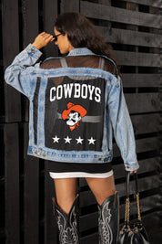 OKLAHOMA STATE COWBOYS RULE BREAKER DISTRESSED MESH DENIM JACKET