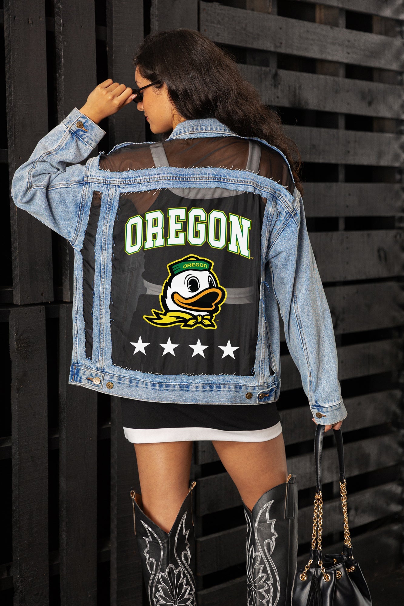 OREGON DUCKS RULE BREAKER DISTRESSED MESH DENIM JACKET