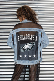 PHILADELPHIA EAGLES RULE BREAKER DISTRESSED MESH DENIM JACKET