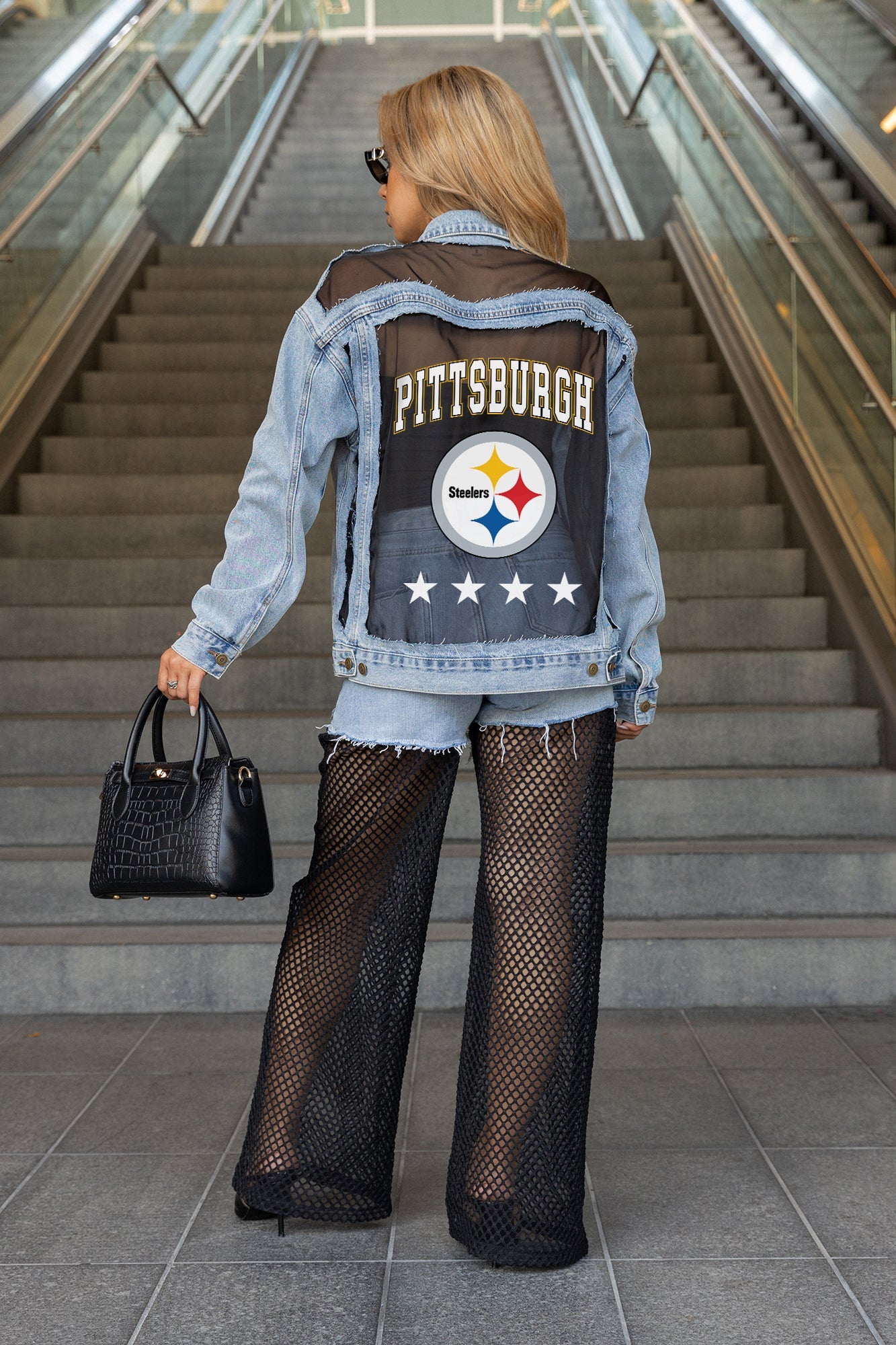 PITTSBURGH STEELERS RULE BREAKER DISTRESSED MESH DENIM JACKET