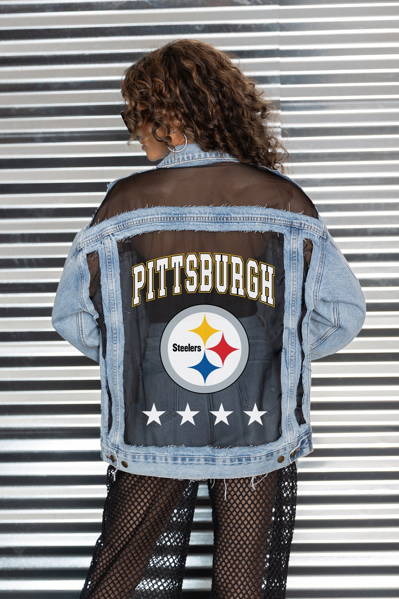PITTSBURGH STEELERS RULE BREAKER DISTRESSED MESH DENIM JACKET