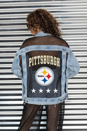 PITTSBURGH STEELERS RULE BREAKER DISTRESSED MESH DENIM JACKET