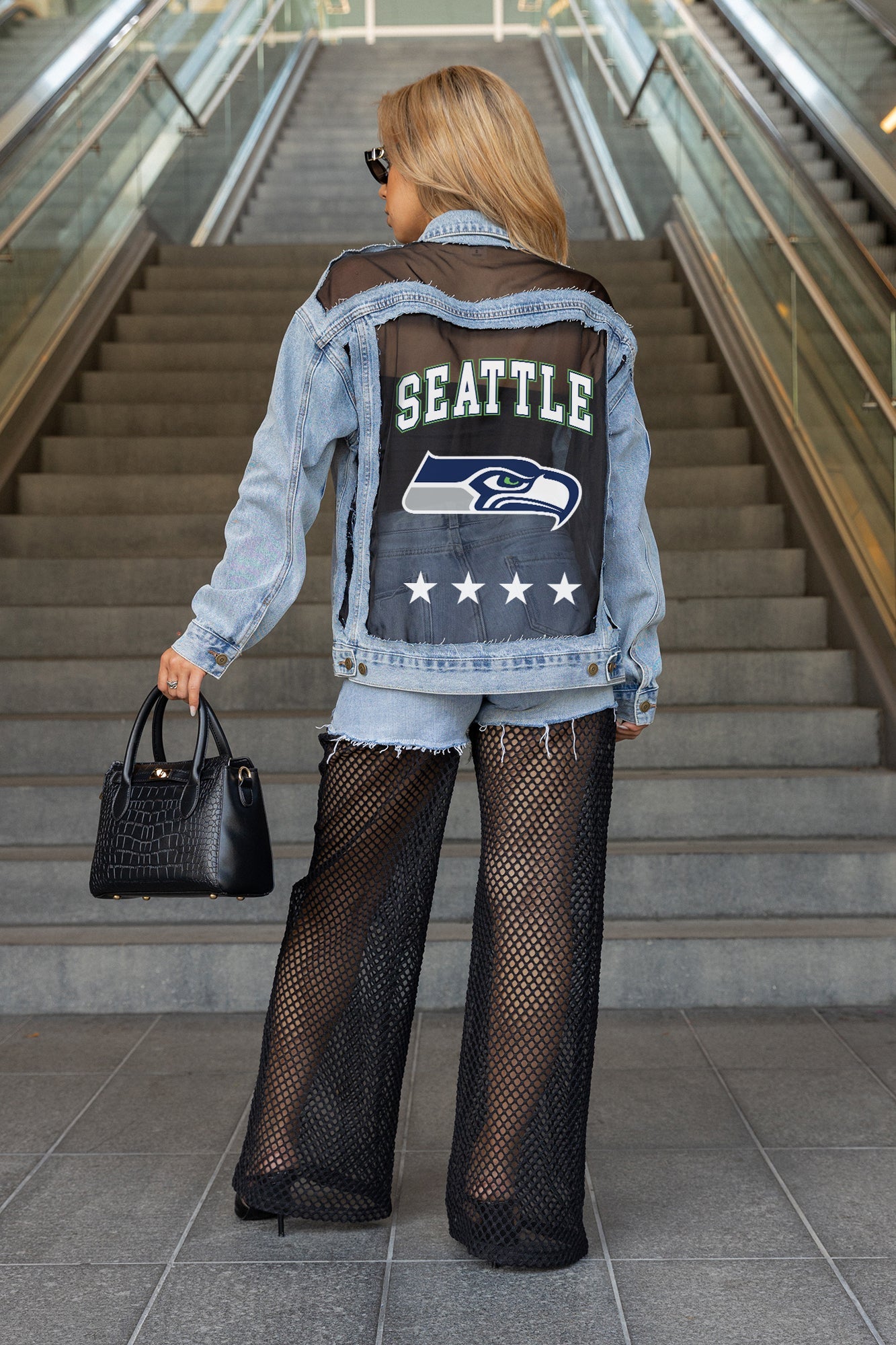 SEATTLE SEAHAWKS RULE BREAKER DISTRESSED MESH DENIM JACKET