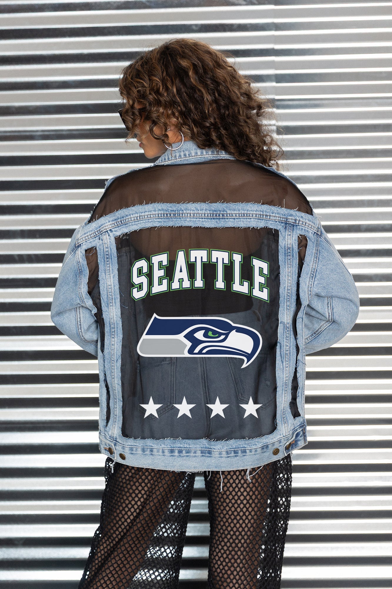SEATTLE SEAHAWKS RULE BREAKER DISTRESSED MESH DENIM JACKET