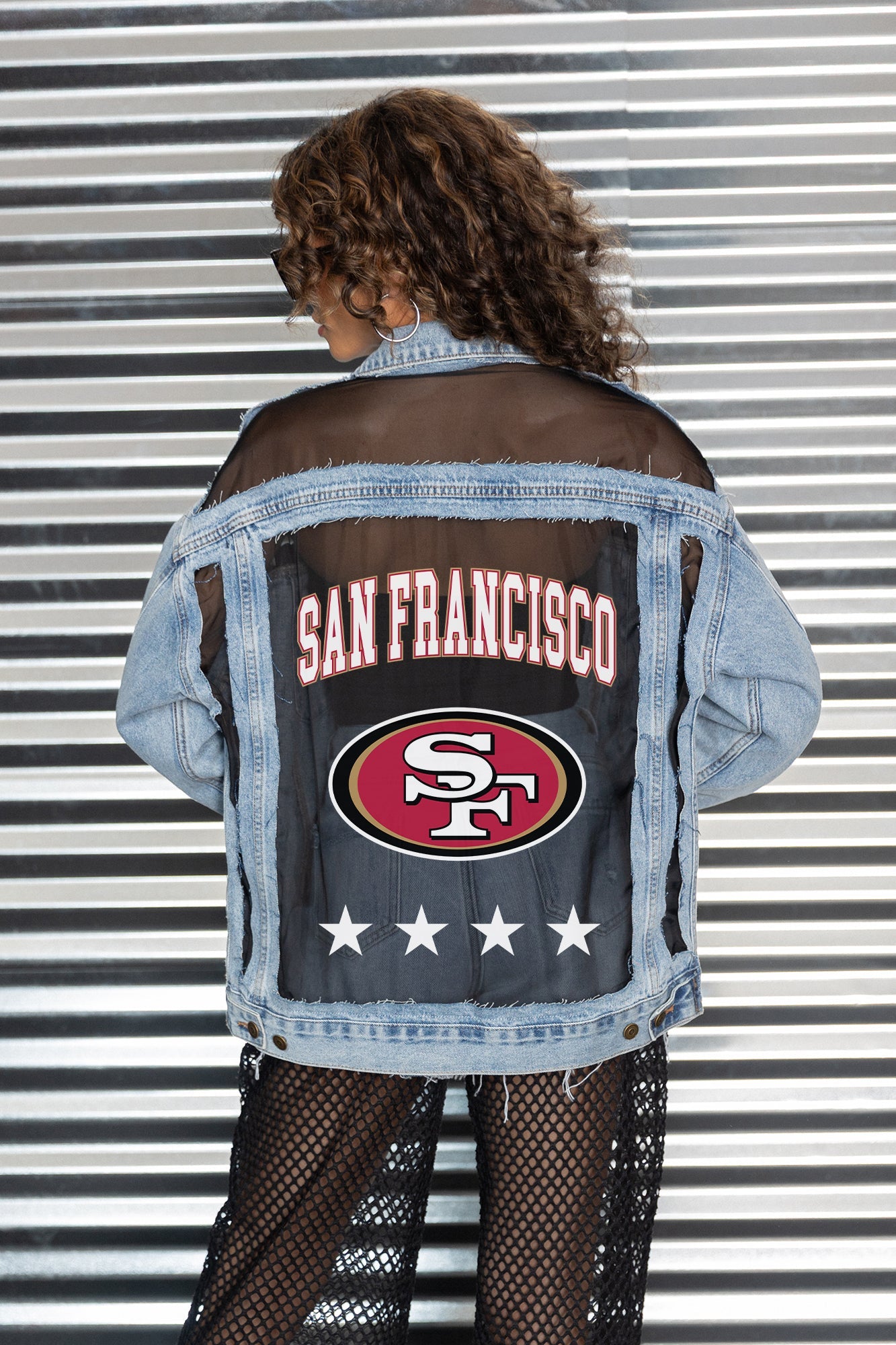 SAN FRANCISCO 49ERS RULE BREAKER DISTRESSED MESH DENIM JACKET