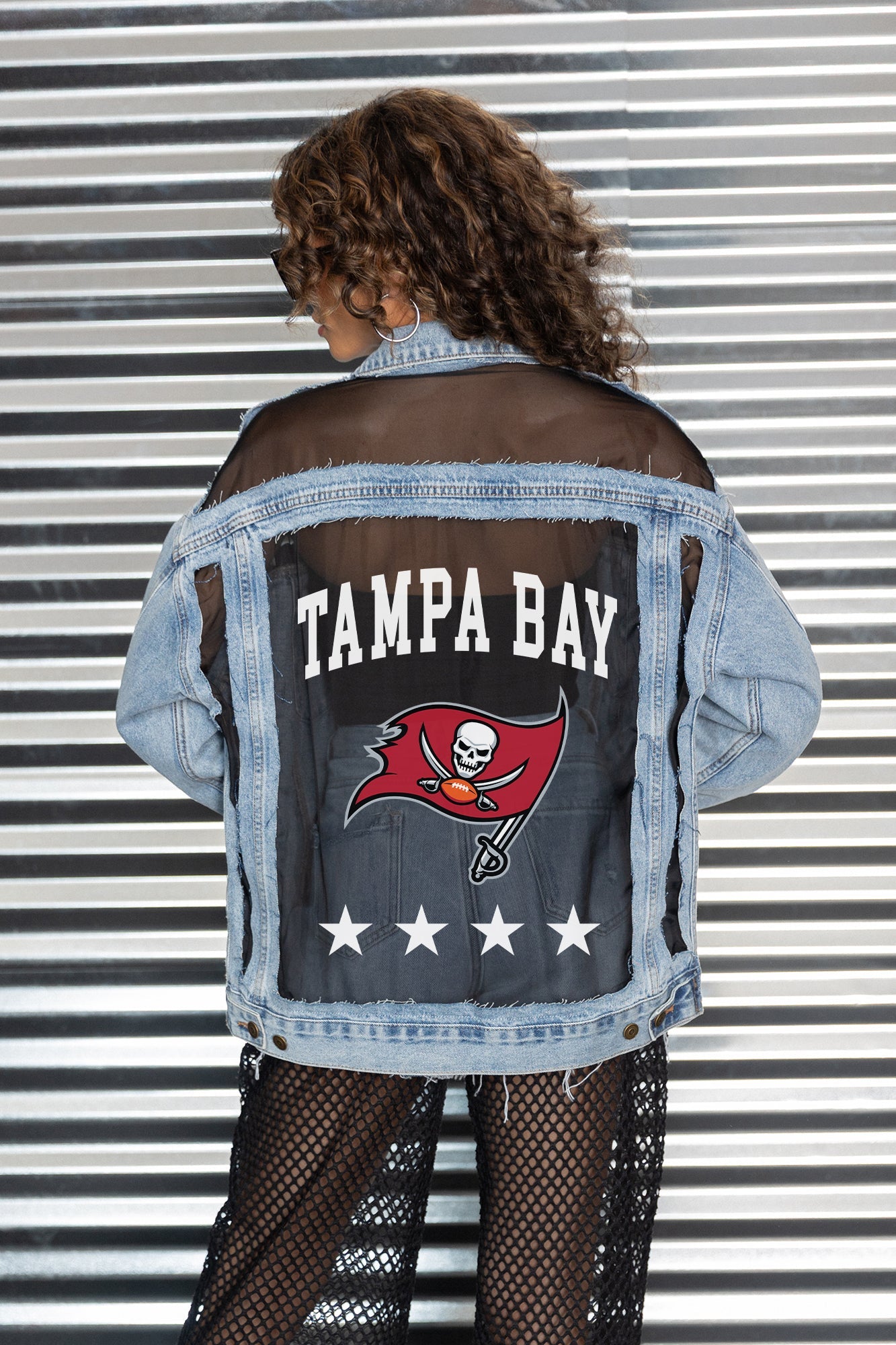 TAMPA BAY BUCCANEERS RULE BREAKER DISTRESSED MESH DENIM JACKET