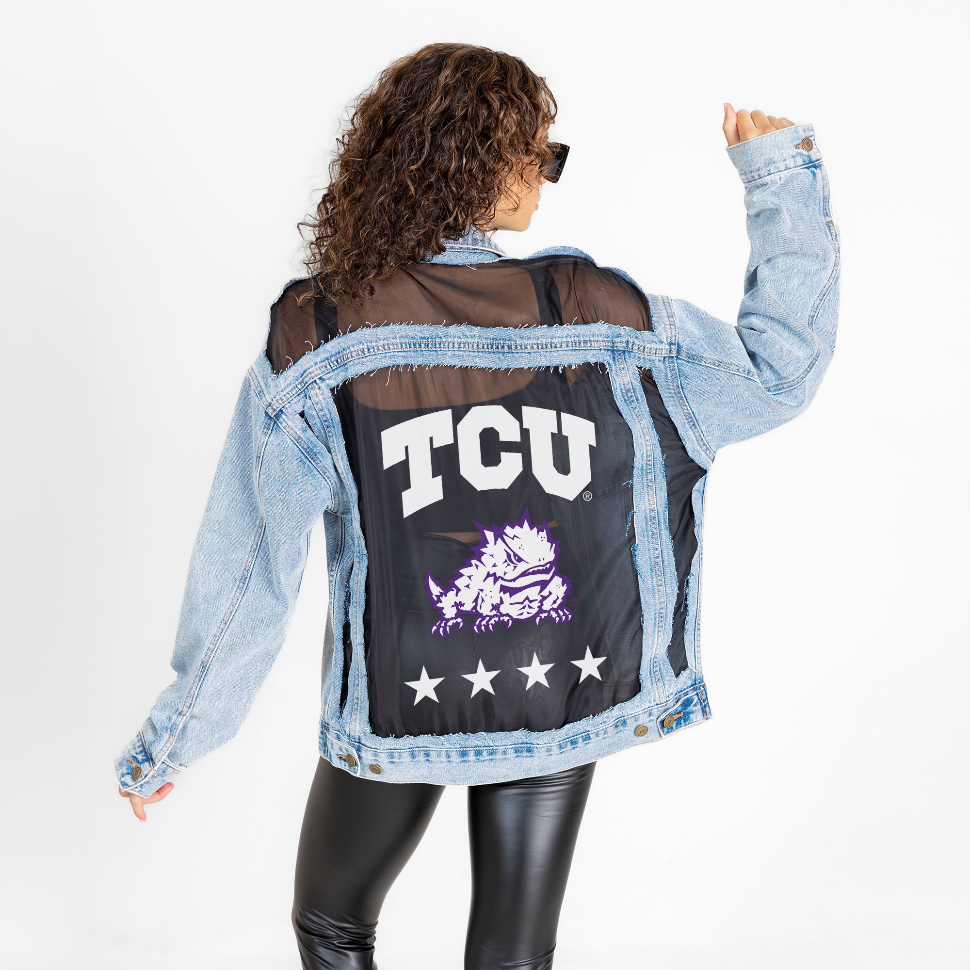 TCU HORNED FROGS RULE BREAKER DISTRESSED MESH DENIM JACKET