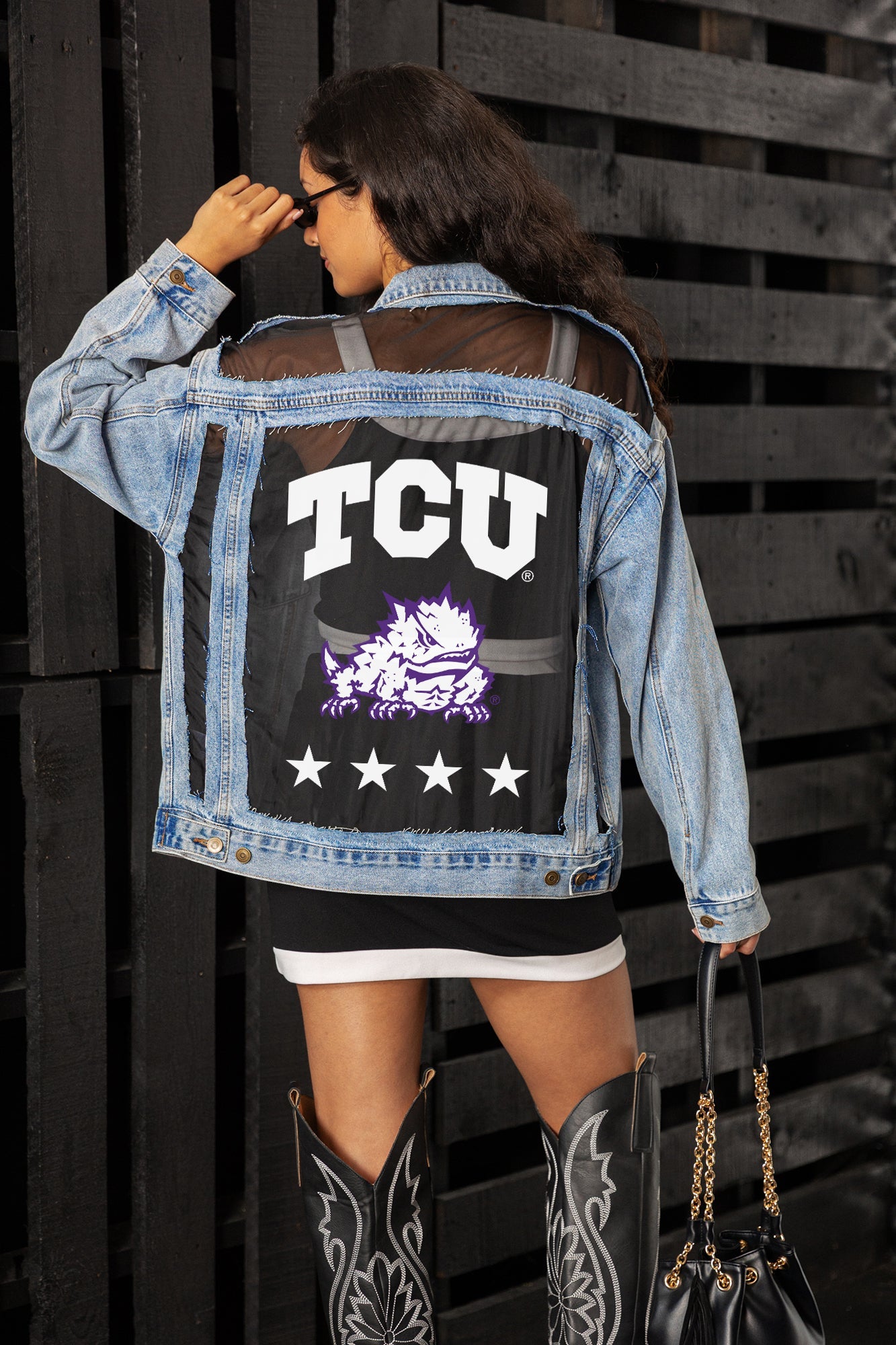 TCU HORNED FROGS RULE BREAKER DISTRESSED MESH DENIM JACKET