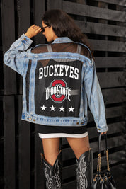 OHIO STATE BUCKEYES RULE BREAKER DISTRESSED MESH DENIM JACKET