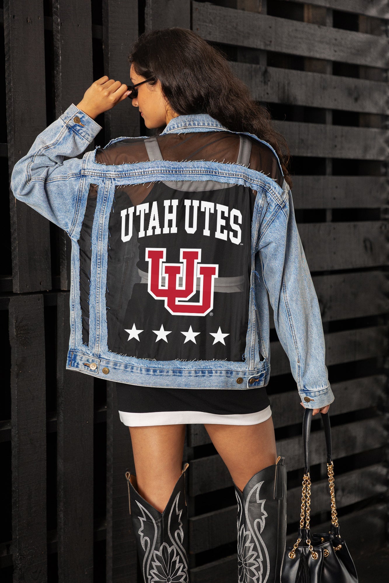 UTAH UTES RULE BREAKER DISTRESSED MESH DENIM JACKET